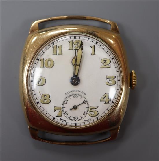 A gentlemans 1940s? 9ct gold Longines manual wind wrist watch (no strap).